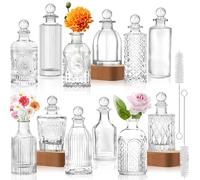 INFTYLE Lot de 12 mini vases en verre transparent avec couvercles pour décoration de table, pour potion, jus, huiles, vinaigre, whisky, vin, avec 2 brosses de nettoyage, passent au lave-vaisselle