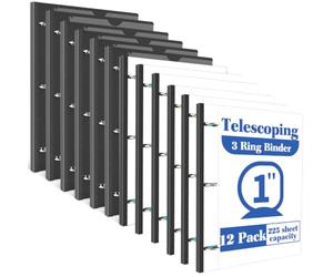 INFUN Lot de 12 classeurs télescopiques à 3 anneaux de 2,5 cm noir + blanc - Classeur flexible avec couverture avant personnalisable et poche transparente pour catalogue, classeurs de 2,5 cm à 3