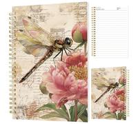 INFUNLY Bloc-notes à spirales vintage - 5,5 x 8,3 cm - Motif libellule - Rose - Pivoine - Spirale - Carnet de notes relié - Pour bureau, école, cadeaux