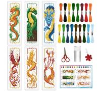 INFUNLY Loong Lot de 6 marque-pages pour point de croix, motif dragon, kit de point de croix, tampons phénix, marque-pages pré-imprimés avec instructions (français non garanti), kit de point de croix