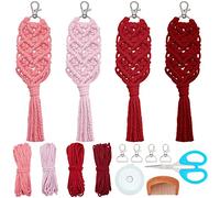 INFUNLY Lot de 4 porte-clés en macramé en forme de cœur avec pompons pour clés de voiture, sac à main, téléphone, instructions incluses (français non garanti)
