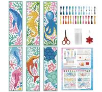 INFUNLY Lot de 6 marque-pages au point de croix animaux marins pour débutants - Motif baleine - 20,3 x 6,1 cm - Méduse pré-imprimée - Avec instructions pour les amateurs de livres
