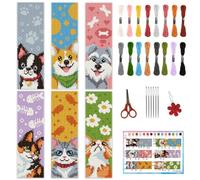 INFUNLY Lot de 6 marque-pages au point de croix avec chiens et chats pour débutants - 22 x 8 cm - Animaux estampés - Pour animaux domestiques - Pointe aiguille - Avec instructions (français non