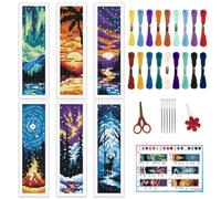 INFUNLY Lot de 6 marque-pages au point de croix avec motif de paysage pour débutants, 8,5 x 3 cm, avec broderie tampon de plage, marque-page avec pointe aiguille de montagne et instructions pour