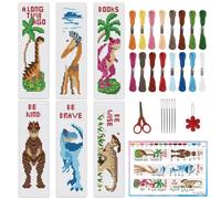 INFUNLY Lot de 6 marque-pages au point de croix - Motif dinosaures - Kit de point de croix - 20,3 x 6,3 cm - Tyrannosaure pré-imprimé - Marque-page avec instructions (français non garanti) - Kit de