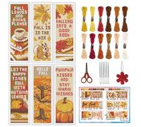 INFUNLY Lot de 6 marque-pages au point de croix pour Thanksgiving - Feuilles d'automne - Marque-page vintage - Citrouille - Fait à la main - Avec dos en feutre - Instructions pour les amateurs de