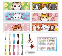INFUNLY Lot de 6 marque-pages en point de croix de chat dessin animé pour débutants, ensemble de point de croix estampé avec chat mignon, avec instructions, ensemble de marque-pages imprimés pour les