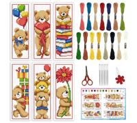 INFUNLY Lot de 6 marque-pages ours marron à faire soi-même - Kit de broderie au point de croix - Joli kit de broderie avec tampon ours - Avec instructions (français non garanti) - Ballons - Boîte