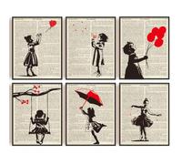 INFUNLY Lot de 6 posters muraux « Banksy Girl » - Sans cadre - Graffiti - Avec ballon rouge - 8 x 10 cm - Peinture sur toile moderne et abstraite - Noir et gris - Pour salon, chambre à coucher,