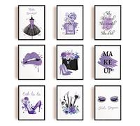 INFUNLY Lot De 9 Affiches de Maquillage Violet Mode Femme Toile Peinture Mur Art Murales de Parfum Talons Hauts Mur Art Oeuvre Moderne 20 * 25cm sans Cadr