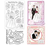 INFUNLY Lot de tampons transparents et de découpe « Happy Wedding Day » - Réutilisables - En silicone - Motif bouquet - Pour la fabrication de cartes, d'invitations, d'album photo