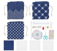 INFUNLY Sashiko Lot de 3 sacs à cordon Sashiko DIY - Ensemble de sacs à provisions en tissu Sashiko - Pour débutants - Faites votre propre sac de courses Sashiko - Fil et aiguilles - Kit de couture à