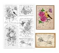 INFUNLY Tampons transparents en silicone pour fond vintage - 21 x 29 cm - Motif fleurs et papillons - Horloges rétro - Manuscrit - Pour la fabrication de cartes, le scrapbooking, l'album photo, le