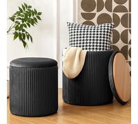 infurnic Lot de 2 ottomanes de rangement rondes en velours rembourré en éponge avec support de 136 kg, table basse multifonctionnelle, repose-pieds pour salon, chambre à coucher, noir