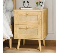 InFurnic Table de chevet en rotin, commode pour chambre à coucher, table d'appoint avec 2 tiroirs en rotin décorés à la main, table de chevet en bois avec rangement pour chambre à coucher, dortoir et