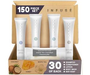 Infuse Pure White Tea and Coconut Hotel Soaps and Toiletries Bulk Set | 1-Shoppe All-In-Kit for Hotels | 1oz Shampoo & Conditioner, Body Wash, Lotion & 1.25oz Bar Soap | Travel Size 150 Pieces