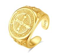INFUSEU Bague Saint Benoît, Argent Sterling 925, 18K Or Catholique, Christian Exorcisme, Bague Homme, Chevalière, Templier, Dorée, Médaille, Croix, Ordre, Protection