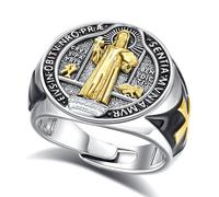 INFUSEU Bague Saint Benoît Placage Rhodié Réglable Protection Catholique Bague San Benito Médaillon Exorcisme Bénédiction Bijou Religieux Chrétien Cadeau pour Homme Foi Protection Bénie Argenté