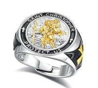 INFUSEU Bague Saint Christophe Placage Rhodié Réglable Protection Catholique Bague Saint Patron des Voyageurs Médaillon Exorcisme Bénédiction Bijou Religieux Chrétien Cadeau pour Homme