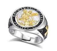 INFUSEU Bague Saint Michel Placage Rhodié Réglable Protection Catholique Bague Archange Michel Médaillon Exorcisme Bénédiction Bijou Religieux Chrétien Cadeau pour Homme Foi Protection