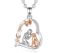 INFUSEU Collier Amoureuse des Chiens Pendentif Cœur Fille et Chien Zircone Bicolore Or Rose Cadeau Maman Amour Inconditionnel Bijou Animal Argenté Fidèle Compagnon