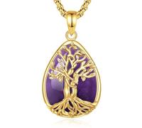INFUSEU Collier Arbre de Vie Cristal Améthyste Goutte Plaqué Or Pendentif Arbre Généalogique Porte Femme Médaille Protection Énergie Bien Être Apaisant Bijoux Spirituel Maman Cadeau
