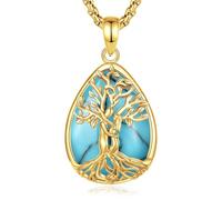 INFUSEU Collier Arbre de Vie Cristal Améthyste/Pierre de lune/Obsidienne/Turquoise Pendentif Arbre Généalogique Porte Femme Médaille Protection Énergie Bien Être Apaisant Bijoux Spirituel Maman Cadeau
