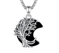 INFUSEU Collier Arbre de Vie Pendentif Croissant Obsidienne Arbre Généalogique Cadeau pour Femme Maman Fille Bijou Famille