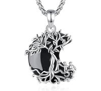 INFUSEU Collier Arbre de Vie Pendentif Croissant Obsidienne Maman Trois Enfants Bijou Arbre Généalogique Famille Pierre Protection Cadeau pour Femme Maman Fille