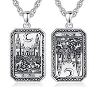 INFUSEU Collier Cartes Tarot Carte de la Lune Rétro Chanceux Amulette Charme Signe Du Zodiaque Carte De Tarot Double Face Vision Pendentif Bijoux Vintage Constellation Cadeaux pour Homme Femme