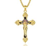 INFUSEU Collier Croix Chretienne Crucifix Obsidienne 18K Or Pendentif Jésus Saint Benoît Bijoux Christ Catholique Collier Jésus Croix INRI Cadeau Religieux pour Homme Femme