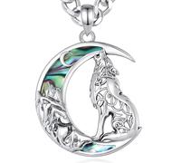 INFUSEU Collier Loup Celtique, Argent 925 Pendentif Lune Coquille d'Abalone Bijoux Nœuds Celtiques pour Femmes Pendentif Esprit Amoureux des Animaux Bijoux Talisman Cadeaux Pour Femmes Elle