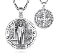 INFUSEU Collier Saint Benoît, Argent Sterling 925 Médaille Patron Pendentif Chrétienne Protection Religieuse Protection Spirituelle Bijoux Amulette Cadeaux pour Hommes Femmes