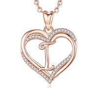 INFUSEU Double Coeur Collier, Alphabet Initial Rose Or Lettre I Pendentif 20 Pouces Chaîne A-Z Long Bijoux Femmes Femmes Dames Cadeaux D'anniversaire