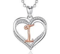 INFUSEU Double Coeur Collier, Alphabet Initial Rose Or Lettre I Pendentif 20 Pouces Chaîne A-Z Long Bijoux Femmes Dames Cadeaux D'anniversaire