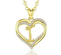 INFUSEU Double Coeur Collier, Alphabet Initial Rose Or Lettre I Pendentif 20 Pouces Chaîne A-Z Long Bijoux Femmes Femmes Dames Cadeaux D'anniversaire