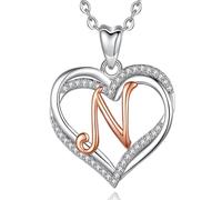 INFUSEU Nom Collier, Double Coeur Or Rose N Lettre Bijoux Alphabet Pendentif Cubic Zirconia CZ Cadeaux Romantiques Pour Femmes Petite Amie Filles
