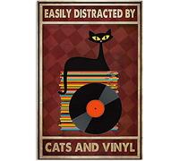 Inga Affiche en métal avec inscription « Easy Distracted By Cats And Vinyl » 20,3 x 30,5 cm
