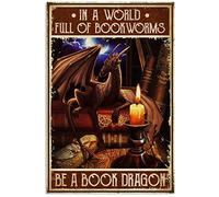 Inga Dragon and Book Be A Book Dragon Poster vintage Décoration murale Plaque en métal 20,3 x 30,5 cm