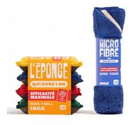 INGA - Pack 4 Éponges Réutilisables Lavables + 2 Microfibres Absorbe-Tout