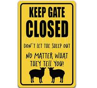 Inga Panneau humoristique en métal « Keep Gate Closed Sheep » - Décoration de moutons - Pour amoureux de la ferme - 20,3 x 30,5 cm