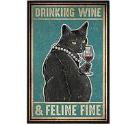 Inga Poster chat noir en métal - Inscription « Drinking Wine and Feline » - 20,3 x 30,5 cm
