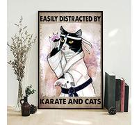 Inga Poster de chat karaté facilement distracté par le karaté et les chats - Poster de karaté - Poster amusant en métal pour la maison, la cuisine - Décoration murale - 20,3 x 30,5 cm