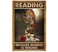 Inga Poster vintage en métal avec chouette Reading Murder Is Wrong 20,3 x 30,5 cm
