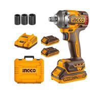 INGCO 20V Clé à Chocs Sans Fil 400NM, Moteur Sans Balais, Boulonneuse à Choc Électrique Sans Fil 2300 tr/min, avec 3 Douilles à Chocs(17/19/21mm), 2 Batteries 2,0Ah et 1 Chargeur CIWLI2040