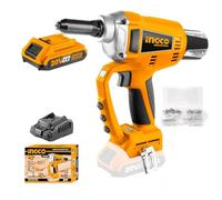 INGCO CRTLI20051 Riveteuse à batterie 20 V 2,0 Ah au lithium moteur induction Brushless avec lumière LED force de traction max 20 000 N comprend chargeur et 100 rivets