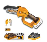 INGCO Mini tronçonneuse à batterie 20 V pour élagage avec 1 batterie 2,0 Ah et chargeur, barre de 5 pouces 13 cm, vitesse chaîne 5 m/sec, ligne P20S