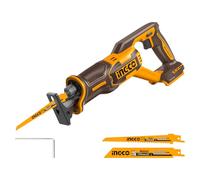 INGCO Scie Sabre Sans Fil 20V (Produit Seul) Moteur Sans Balais, 0-2800 tr/min, Capacités de coupe: 12mm Métal, 210mm Bois, avec 2 Lames de Scie Idéal pour Couper Bois, Métal et PVC CRSLI2108