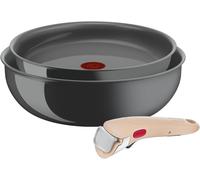 Ingenio Vivissima, Set Poêle 24 Cm Et Wok 26 Cm En Céramique Antiadhésive Avec Poignée Amovible Beige, 100% Aluminium Recyclé Et Technologie Thermo-Signal, Pour Toutes Les Sources De