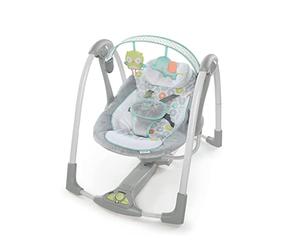 Ingenuity - Balançoire portable Swing 'n Go - Hugs and Hoots, 5 vitesses de swing, 8 mélodies apaisantes, barre à jouets amovible, nouveau-né et plus, gris